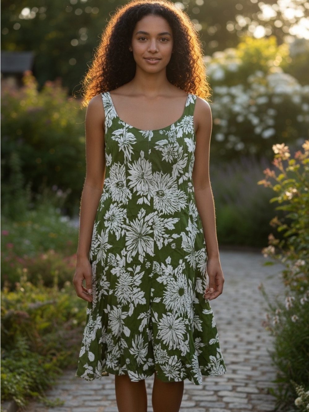 Jones Wear women's sundress features a vibrant green and white floral print Size